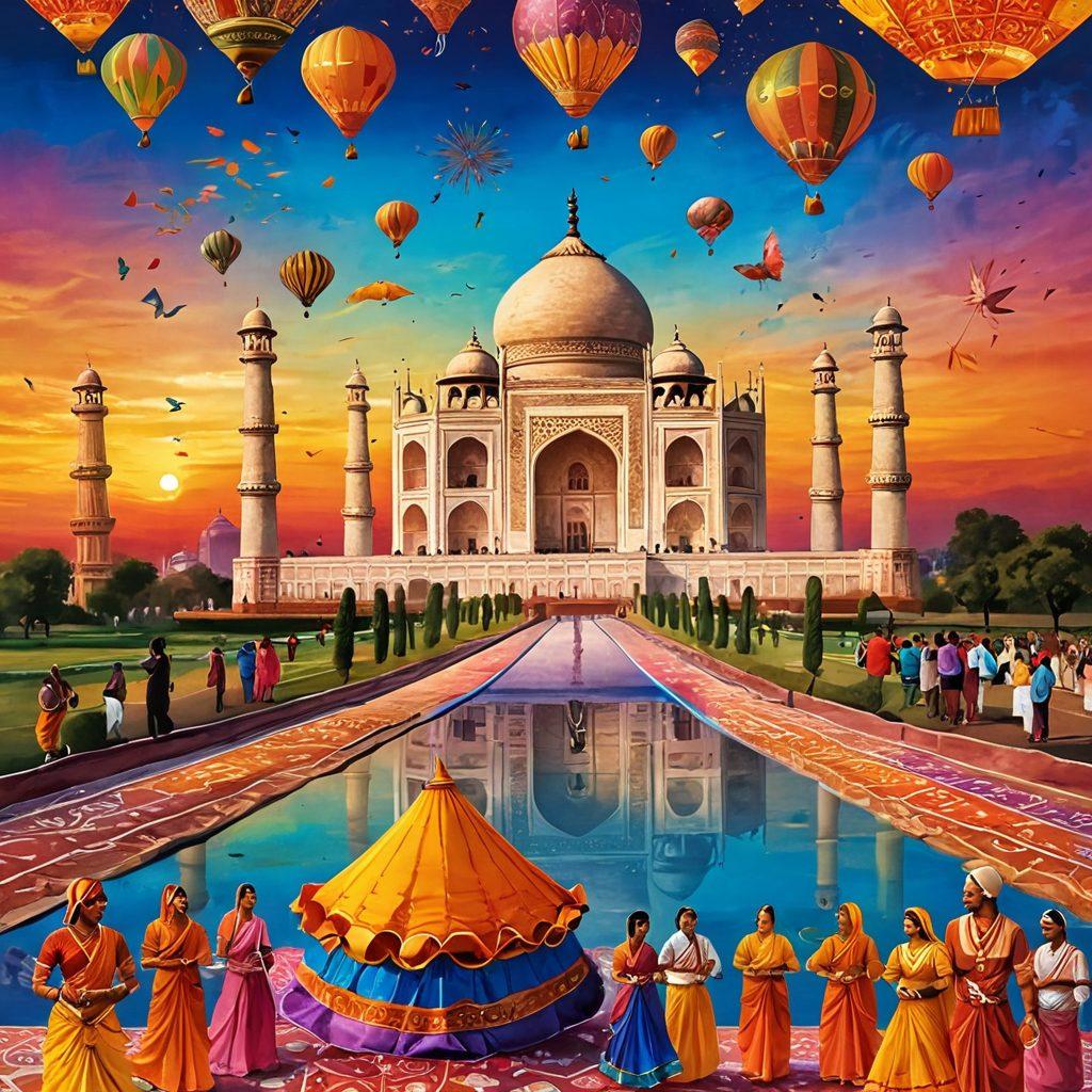 A vibrant collage depicting India's rich heritage, featuring traditional dance forms, colorful festivals like Diwali and Holi, and iconic landmarks such as the Taj Mahal. The background should showcase a sunset sky with floating kites, reflecting joyful celebrations. Include intricate patterns inspired by Indian art for added depth. super-realistic. vibrant colors.