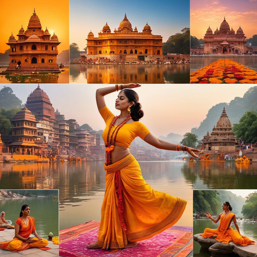 An intricate collage showcasing diverse Indian cultural practices centered around recreation and well-being: a serene yoga scene at sunrise along the Ganges, individuals participating in traditional dance, vibrant festivals with colorful attire, and peaceful meditation in lush nature. Incorporate elements like Ayurvedic herbs and bright marigold flowers for sensory appeal. The background should feature iconic Indian architecture and scenery. super-realistic. vibrant colors. 3D.