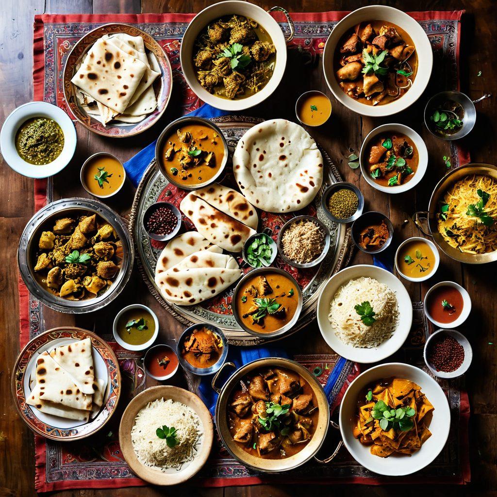 A lavish Indian feast spread across a rustic wooden table, showcasing vibrant dishes such as biryani, curry, and fresh naan, adorned with colorful spices and herbs. Traditional Indian textiles drape the background, with intricate patterns and rich colors reflecting India's heritage. A sunlit scene with warm tones to evoke a sense of warmth and community. super-realistic. vibrant colors. airy ambiance.